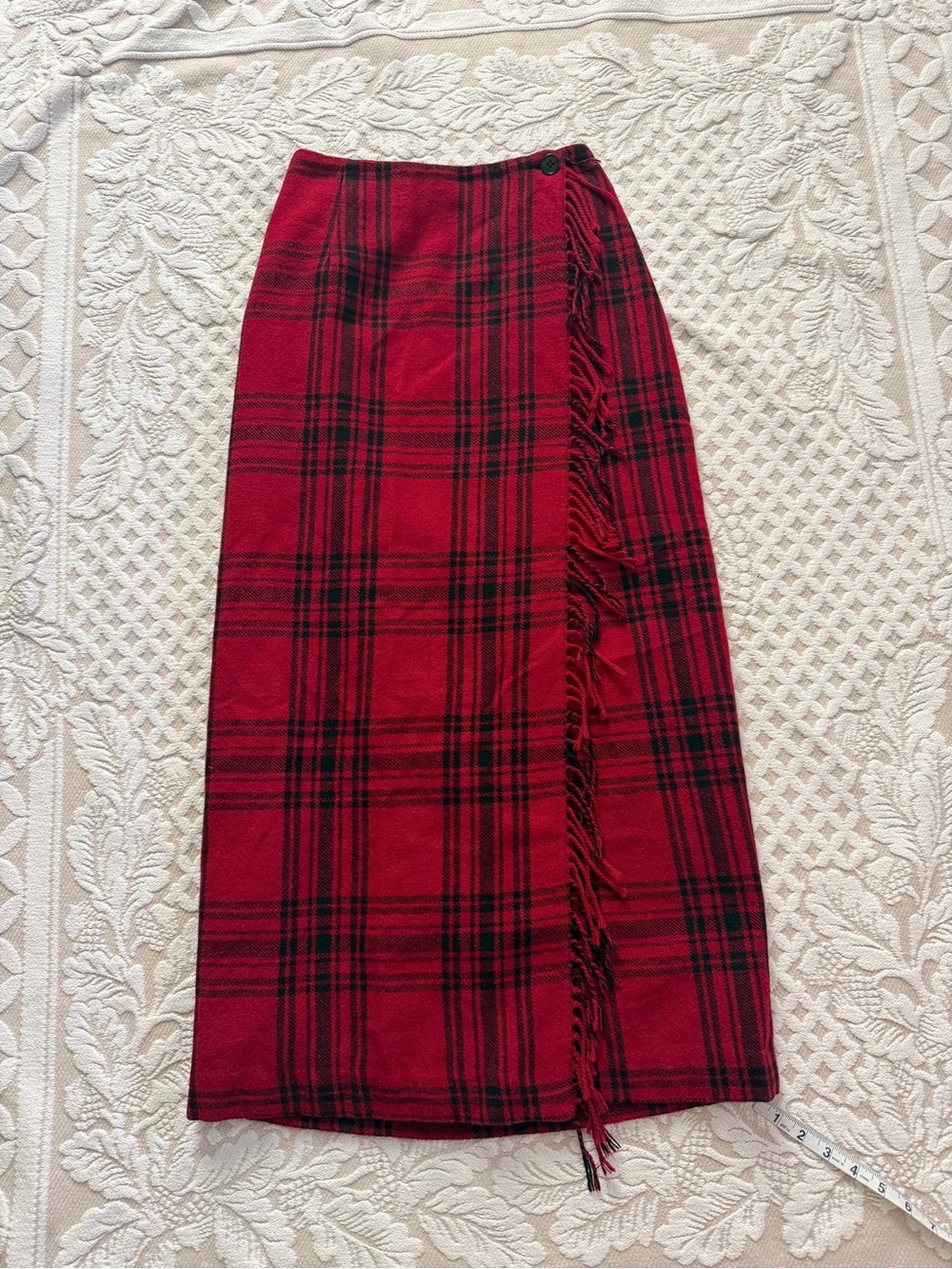 Cambridge Country Red Plaid Wool Blend Fringe Wrap Maxi Skirt 6 Dark Academia
